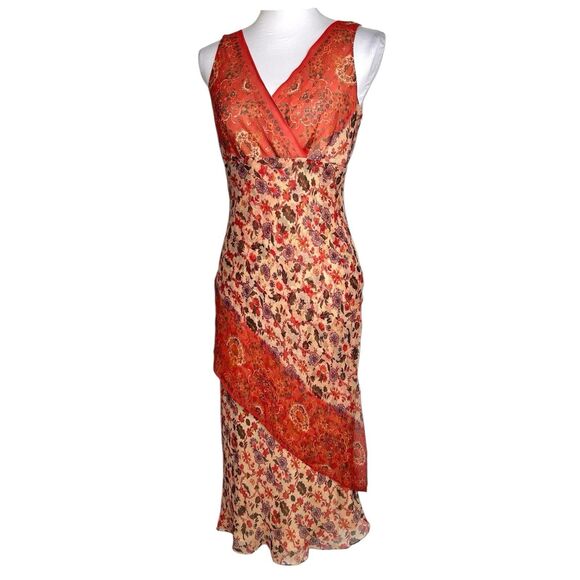Vintage Y2K Silk Fairy Dress 6 Orange Floral Tiered Faux Wrap  Midi Maggy London - Picture 3 of 9